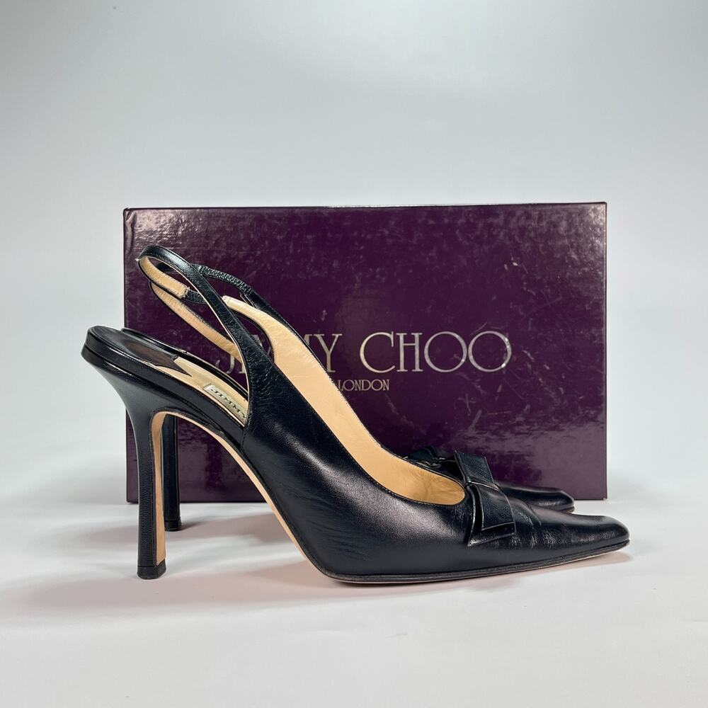 Jimmy Choo Vanity Black Leather Pointed Toe Slingback Bow Pumps Women's Size 7